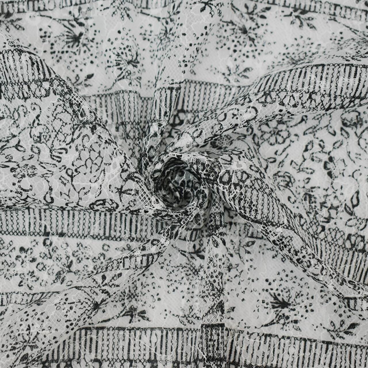 White-Black Nylon RAYON Floral Stripe Printed Lace Mesh Knit Fabric By the Yard